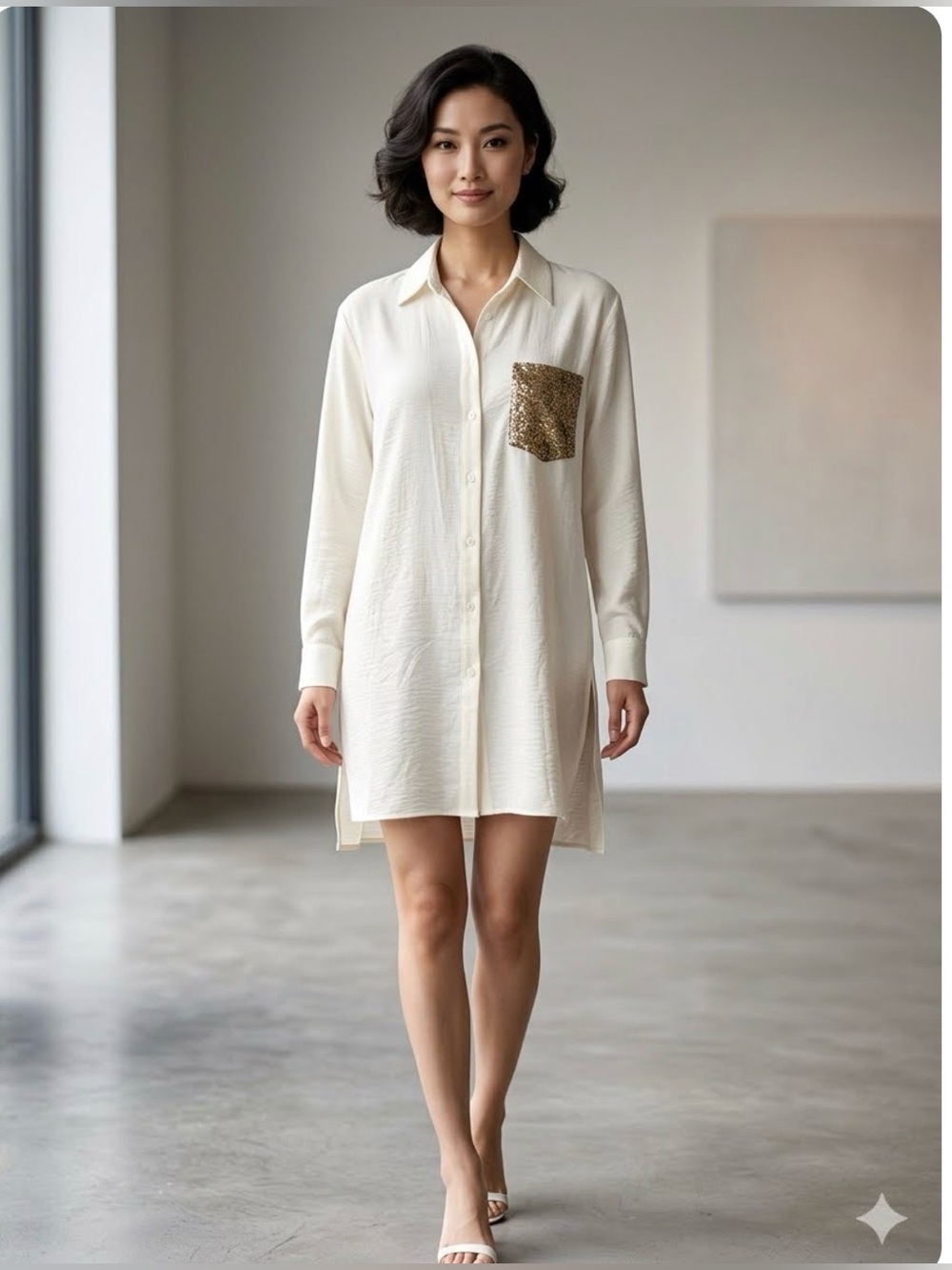 Misia Ivory Button-Front Oversized Blouse/Tunic with Gold Sequin Pocket - Size M
